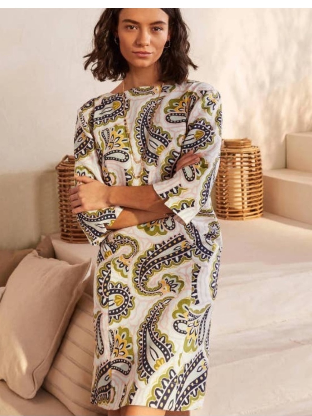Boden EUC White Shift Dress with Green and Navy Paisley Size 20